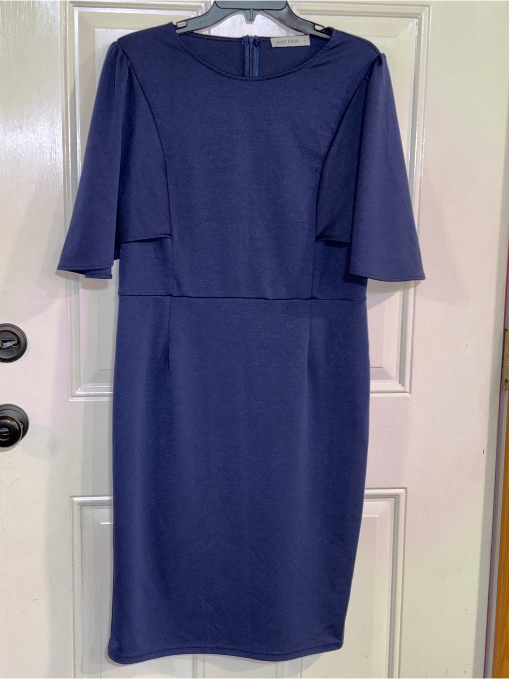 Grace Karin Navy Midi Sheath Dress with Elbow Sleeves